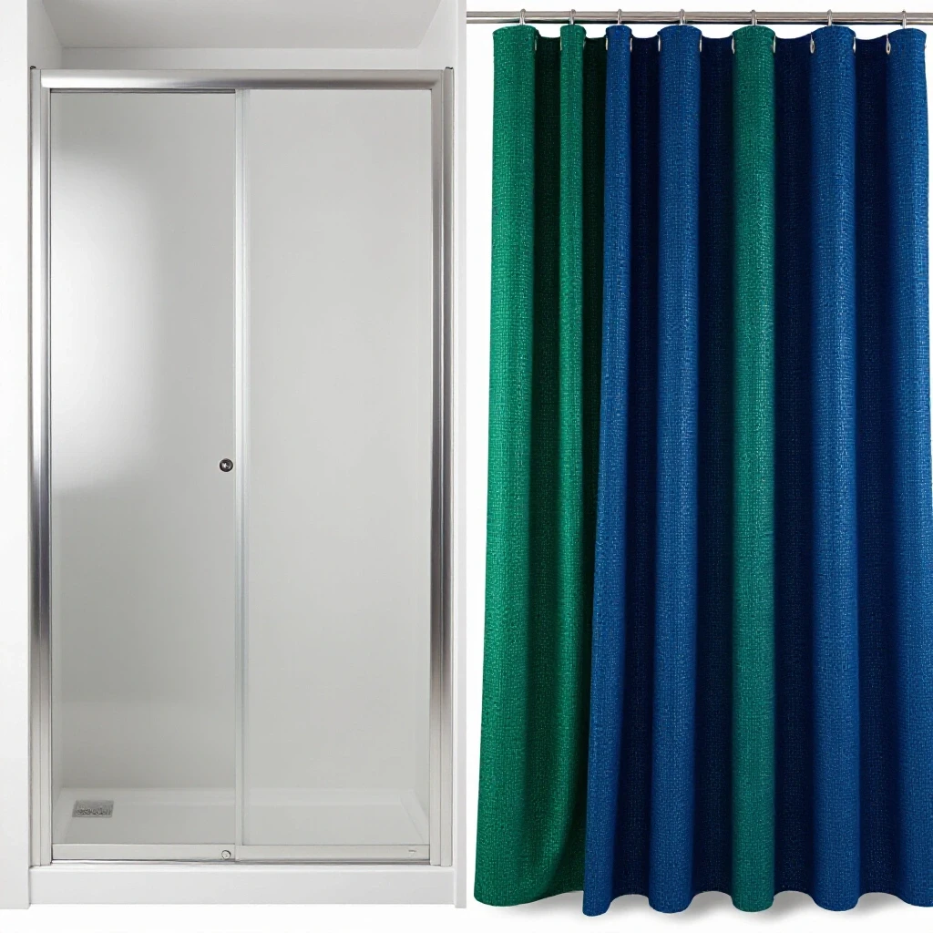 A split image comparing a modern shower door and a colorful shower curtain, showcasing design options for bathrooms.