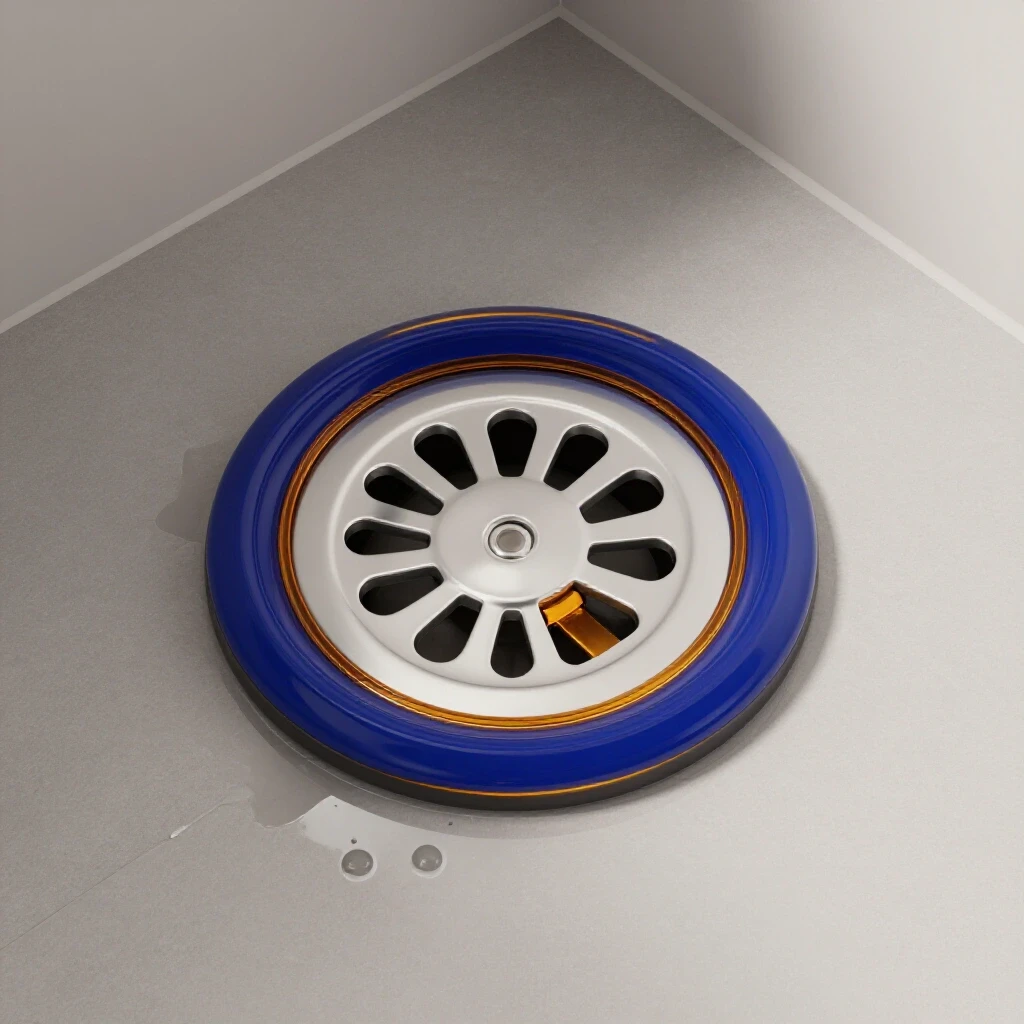 Close-up of a shiny new shower drain gasket against a water-damaged bathroom floor, symbolizing repair and renewal.