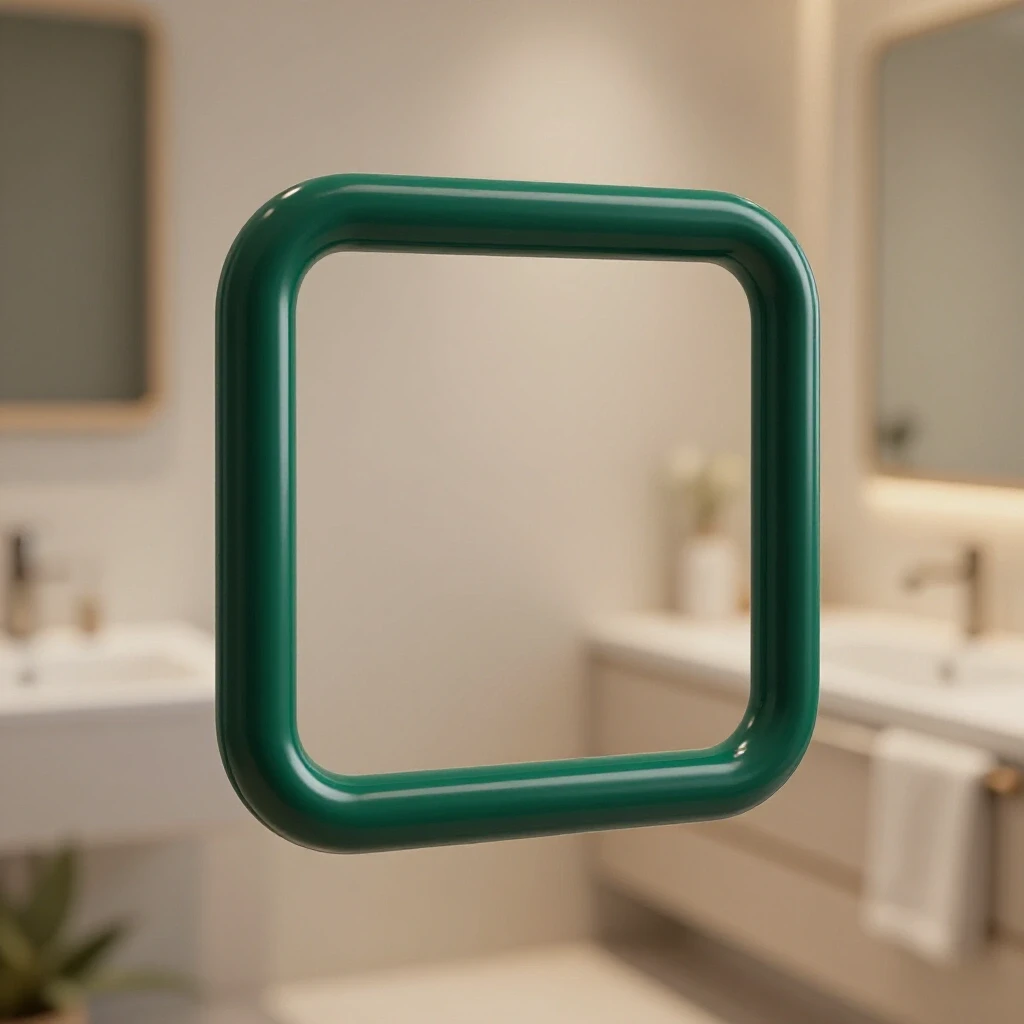 Stylish emerald green grab bar in a softly blurred, warm-lit bathroom setting, highlighting safety and design.