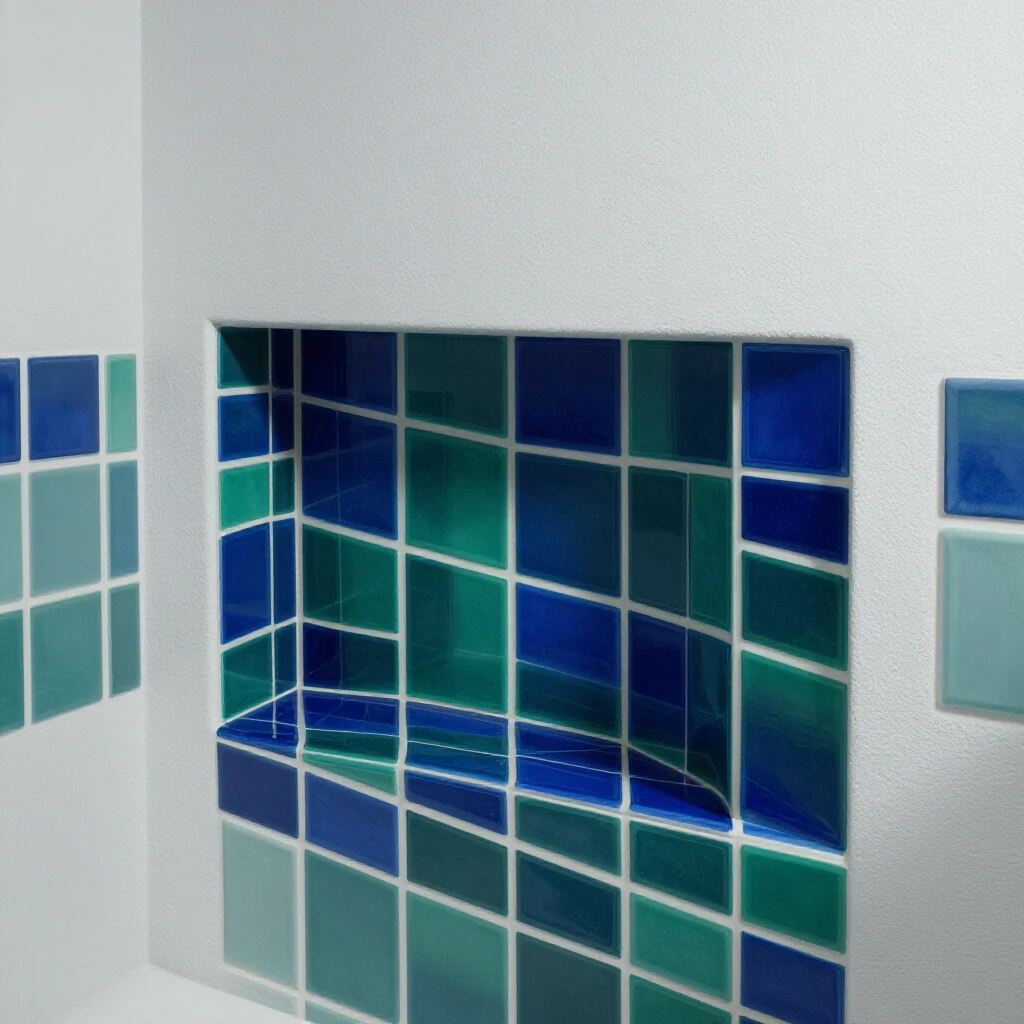 Close-up of a beautifully tiled shower niche showcasing contrasting textures and vibrant colors in a clean, bright setting.