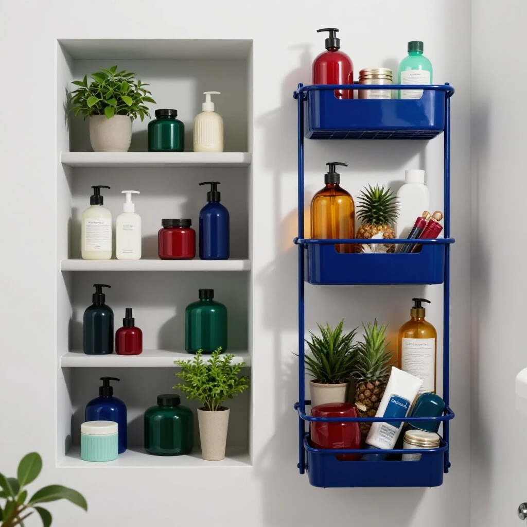 Comparison of a well-organized shower niche and a cluttered caddy, showcasing bathroom storage solutions.