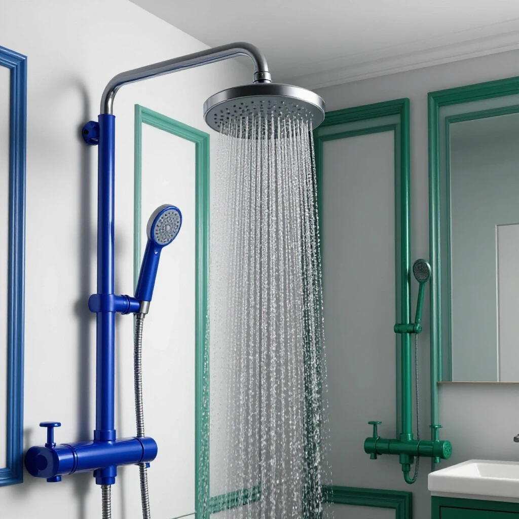 A luxurious showerhead in a modern bathroom contrasts with a dated setup, showcasing price and quality differences.