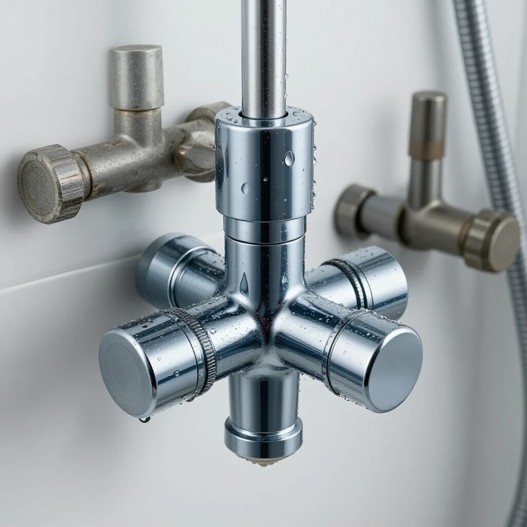 A shiny, new shower valve trim surrounded by an outdated version, highlighting a fresh bathroom upgrade with water droplets.