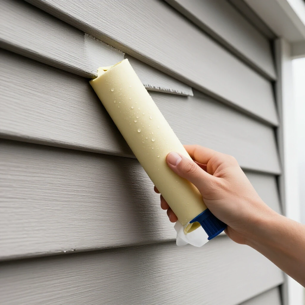 Close-up of a hand applying vibrant caulk to aged siding, showcasing beads of water for weather protection.