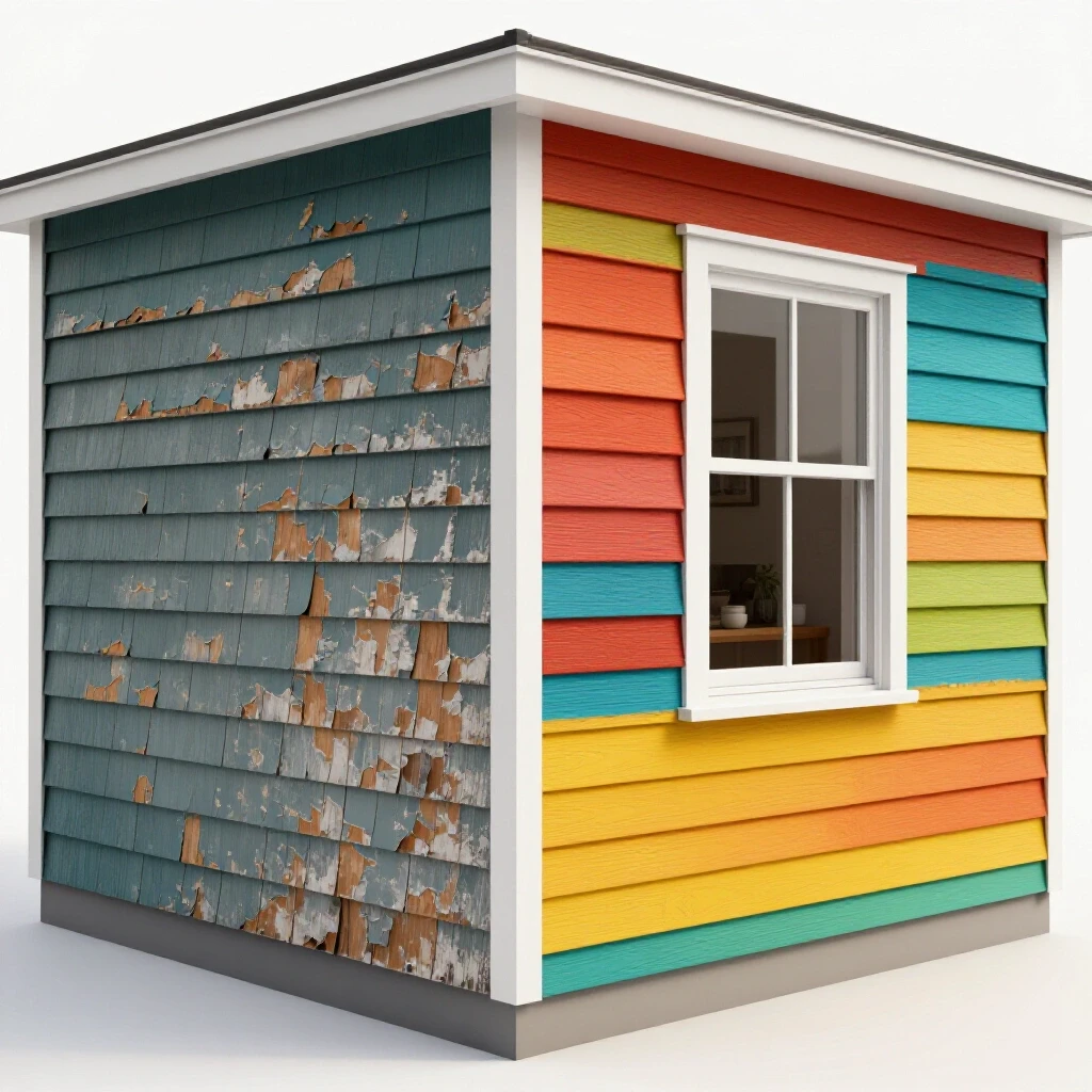 A striking visual contrast of worn siding on the left and vibrant new siding on the right, showcasing home renovation.