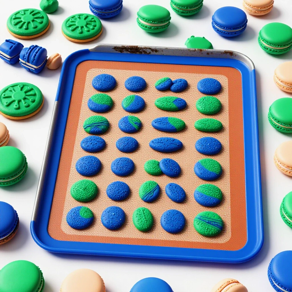 A vibrant silicone baking mat surrounded by colorful baked goods and a worn baking sheet, showcasing durability and contrast.
