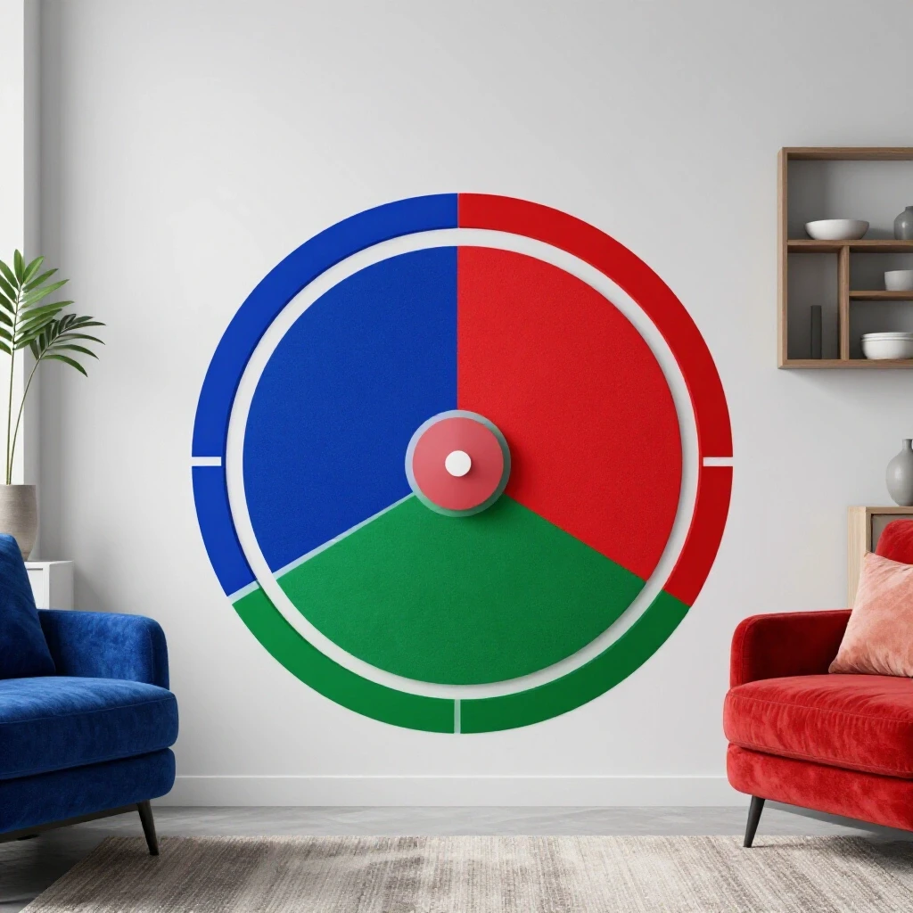 A beautifully arranged living room featuring a central color wheel with complementary colors and varied textures against a light grey background.