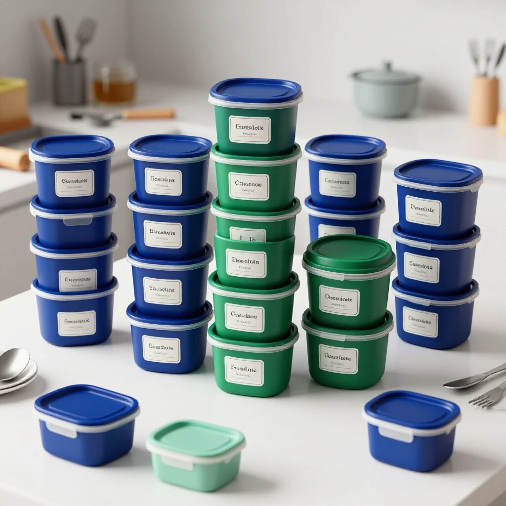 A beautifully organized kitchen with neatly stacked colorful containers and scattered clutter in the background.
