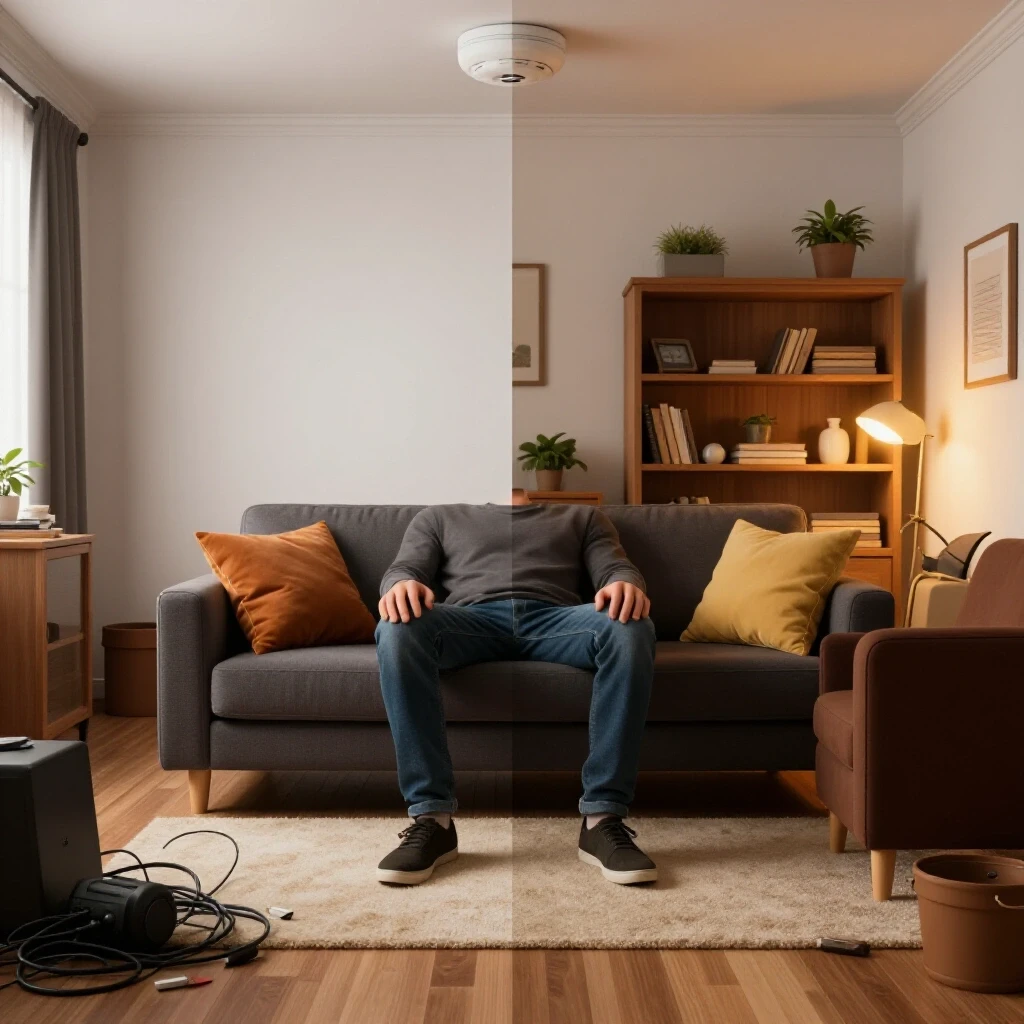 A split view of a living room: one side cluttered and unsafe, the other organized and safe with warm lighting.