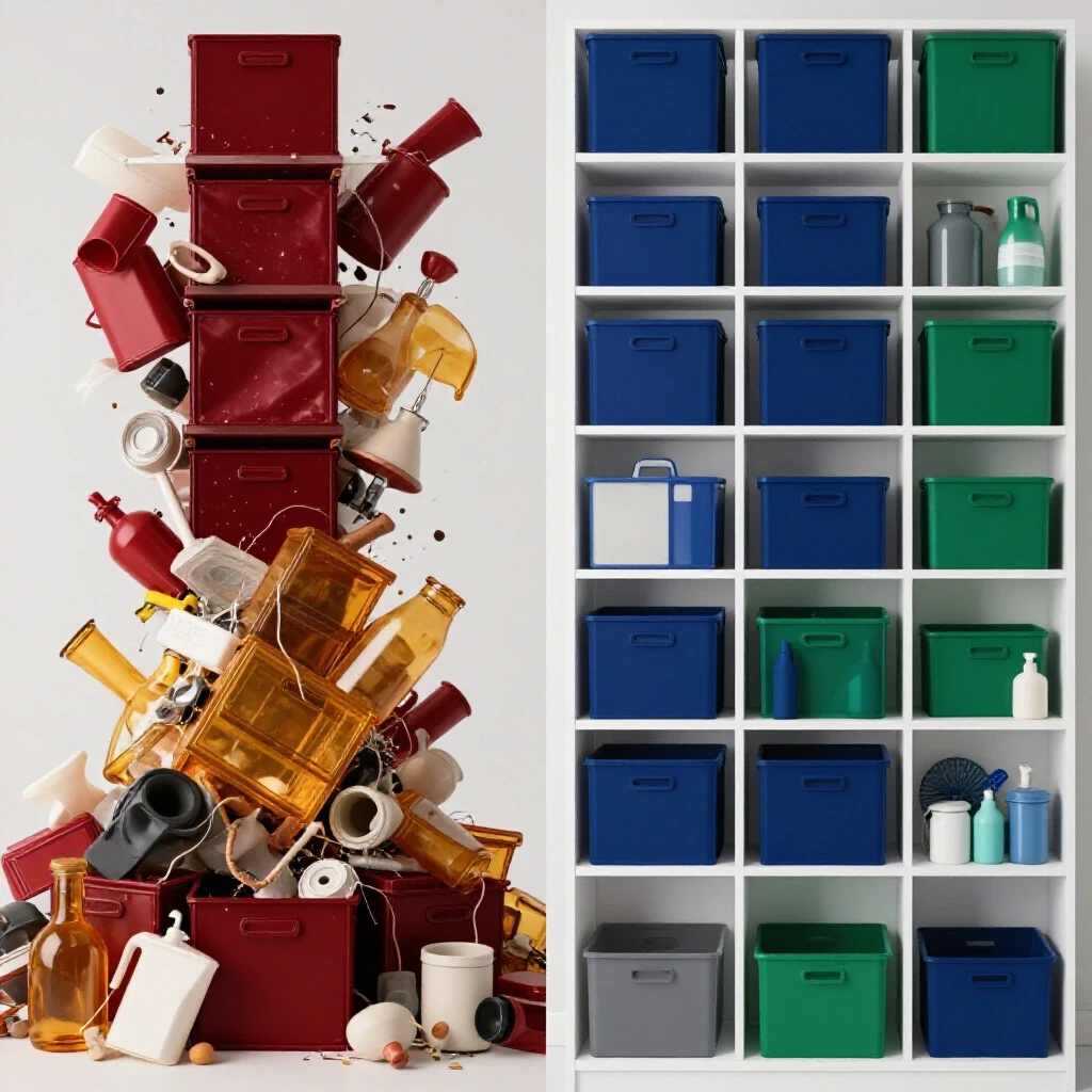 A split-screen image showing a chaotic storage area on one side and an organized, color-coordinated space on the other, illustrating the transformation.