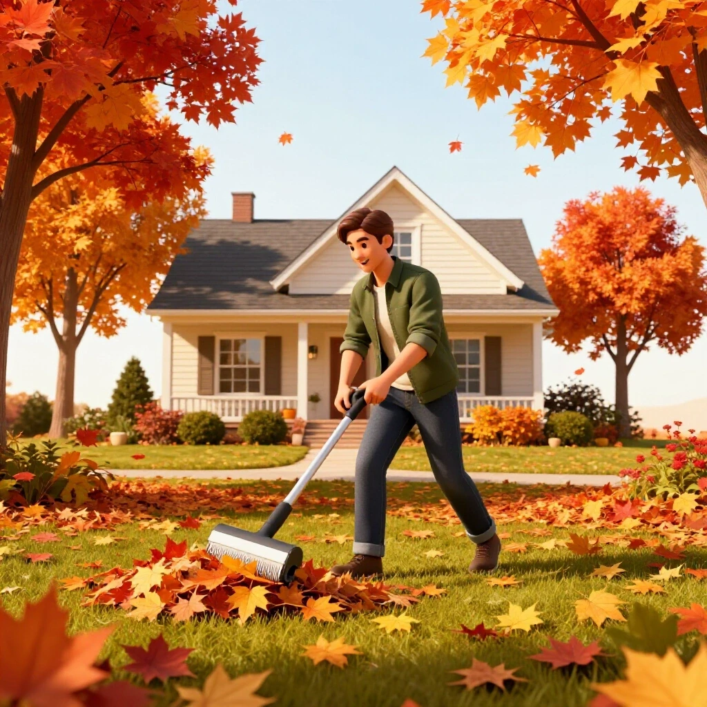 A vibrant autumn scene showing colorful leaves and a cozy home while a homeowner gathers leaves effortlessly.