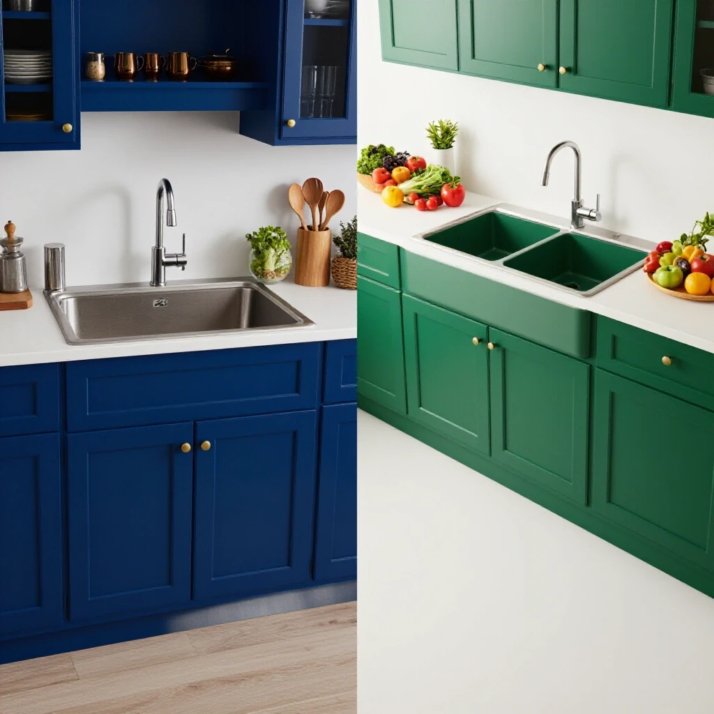 A vibrant kitchen scene split between a single bowl sink and a double bowl sink, showcasing rich colors and functional elements.