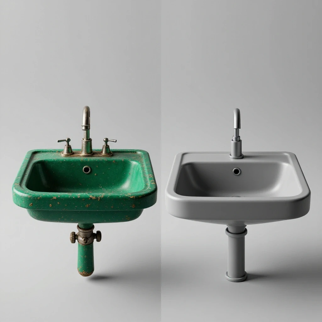 A split-screen image showing an old sink and faucet on the left side, and a modern sink and faucet on the right side, emphasizing the upgrade contrast.