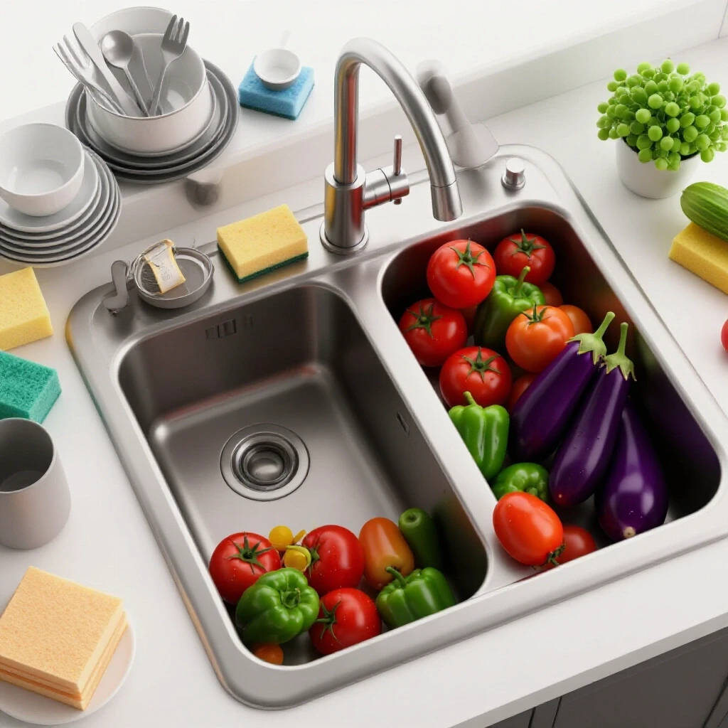 A visual comparison of a shallow cluttered kitchen sink and a deep elegant sink with vibrant fruits and vegetables, showcasing design contrast.