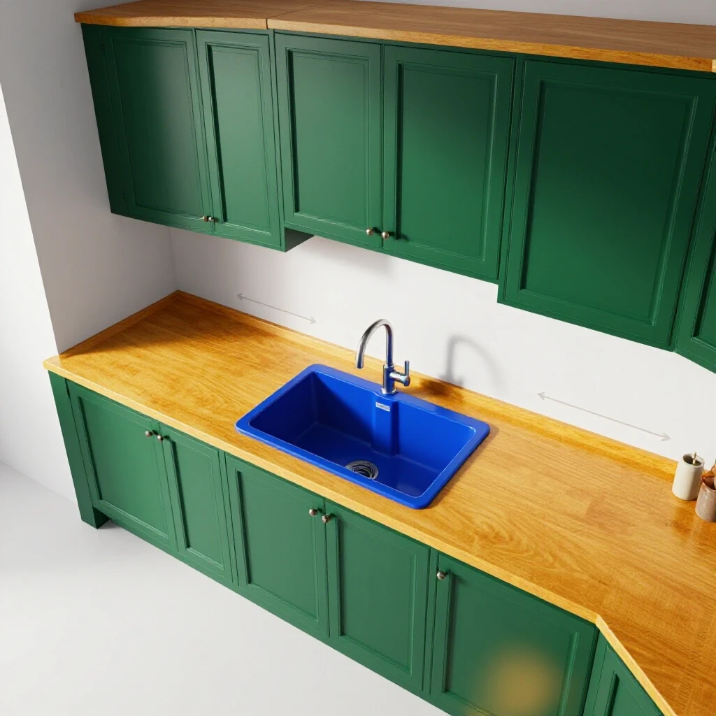 A beautifully designed kitchen with a vibrant royal blue sink at the center surrounded by rich emerald green cabinets.