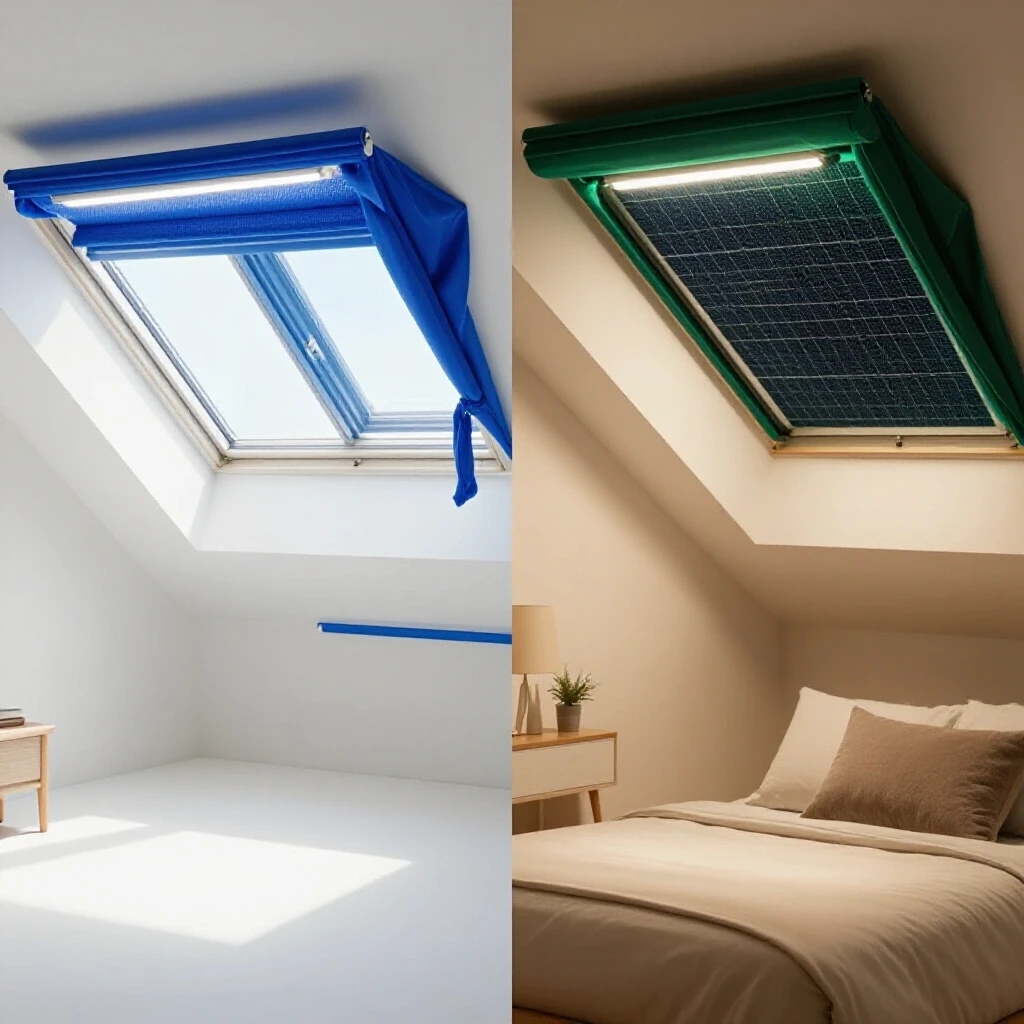 A split image contrasting a bright room with a skylight and a cozy space with a solar tube, showcasing natural lighting benefits.