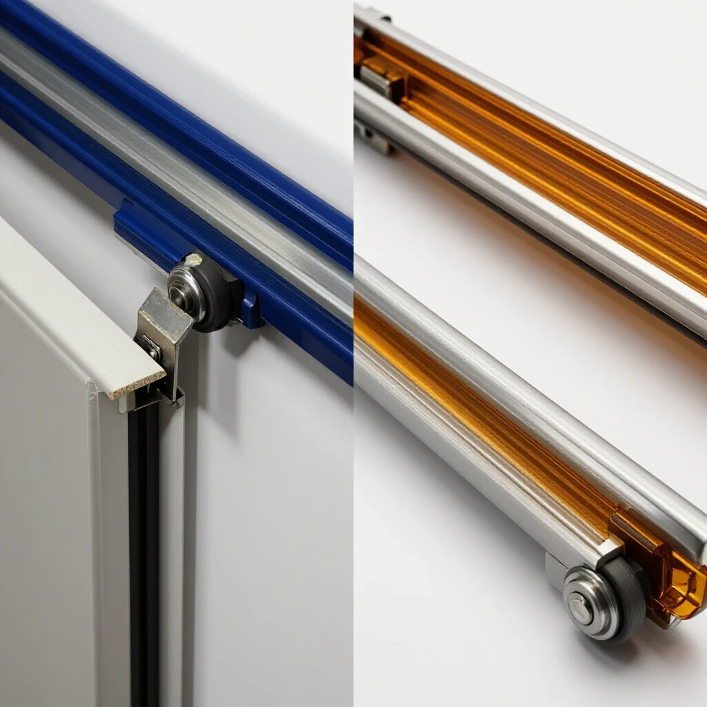 A visual comparison of a malfunctioning sliding closet door track and a perfectly aligned track, highlighting differences in condition.