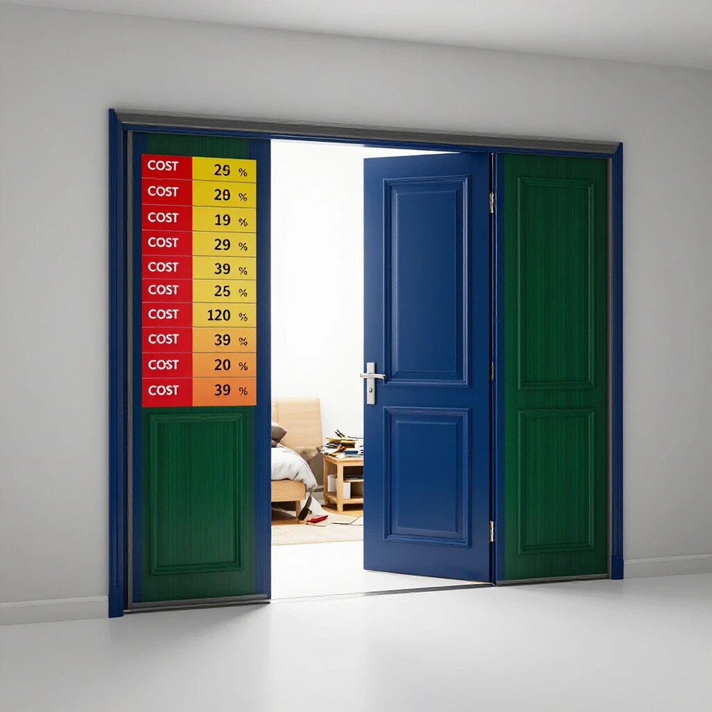 A beautifully designed sliding door opening to a stylish room, illustrated with a cost breakdown in vibrant colors.