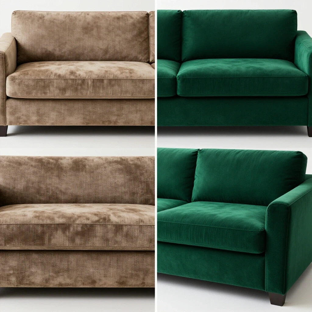 A split-screen image showing a before-and-after transformation of a sofa with dull fabric on one side and a vibrant slipcover on the other.