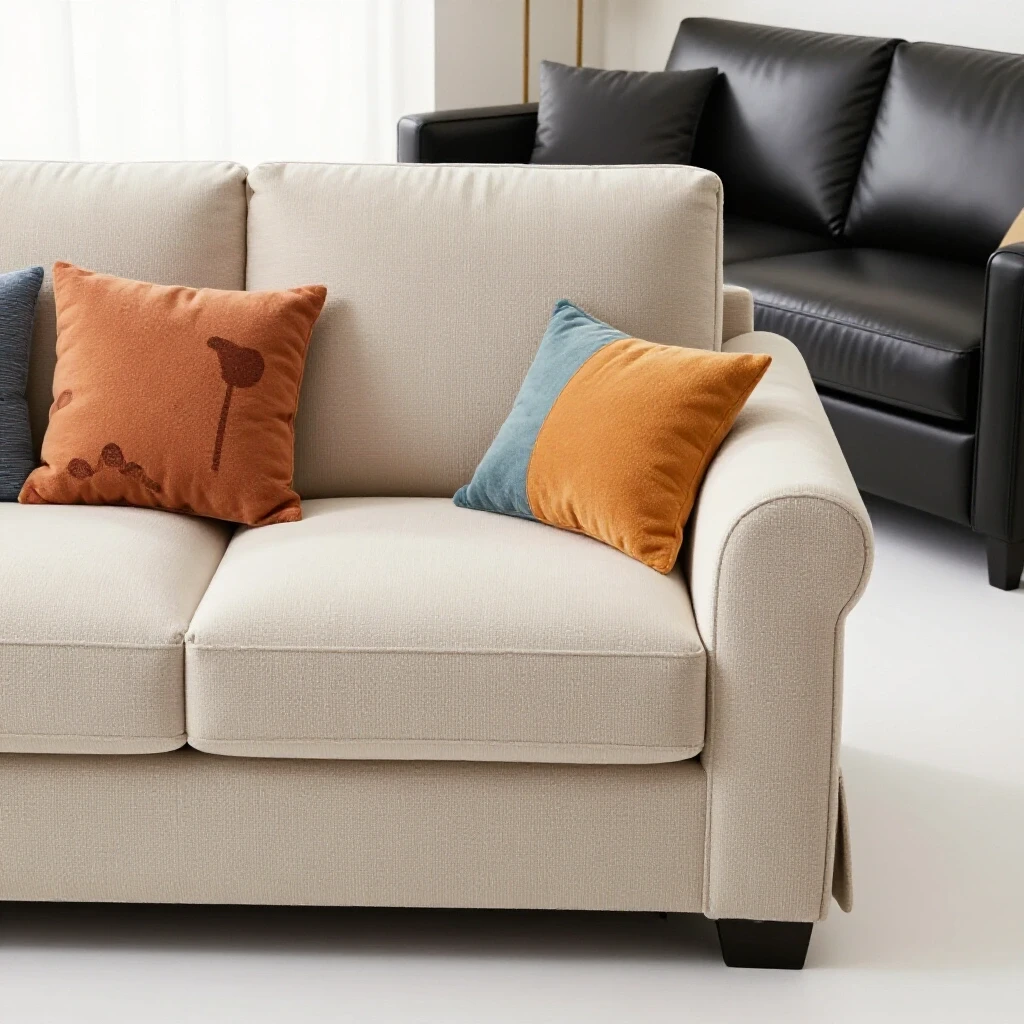 Split image featuring a cozy slipcover sofa with toys and a sleek leather sofa with decor, highlighting style and comfort.