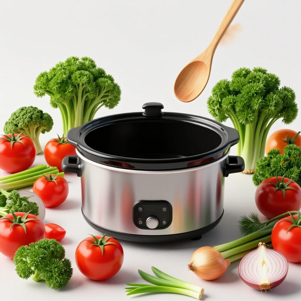 A slow cooker surrounded by fresh ingredients, with a worn kitchen tool in the background, symbolizing durability.