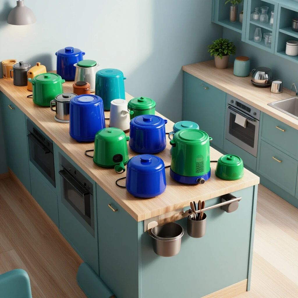 A vibrant kitchen countertop divided with cluttered appliances on one side and a serene organized space on the other, showcasing a transformation from chaos to order.