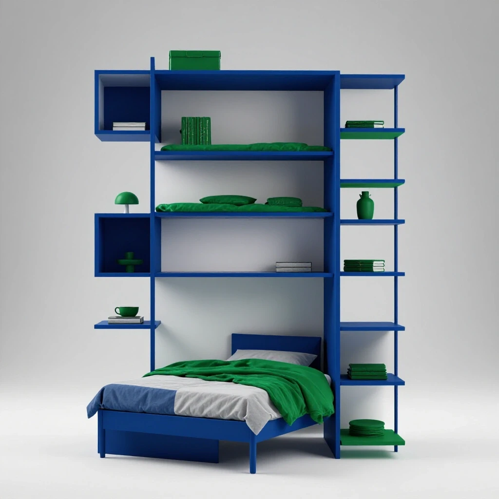 A small bedroom featuring minimalist design with floating shelves and multifunctional furniture, showcasing clever use of space.