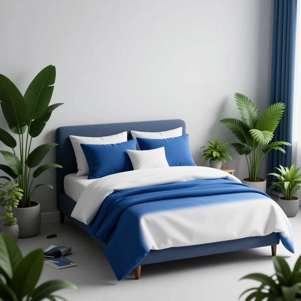 Serene small bedroom showcasing a neatly made bed in soft blues and whites surrounded by plants, illustrating calm design transformation.