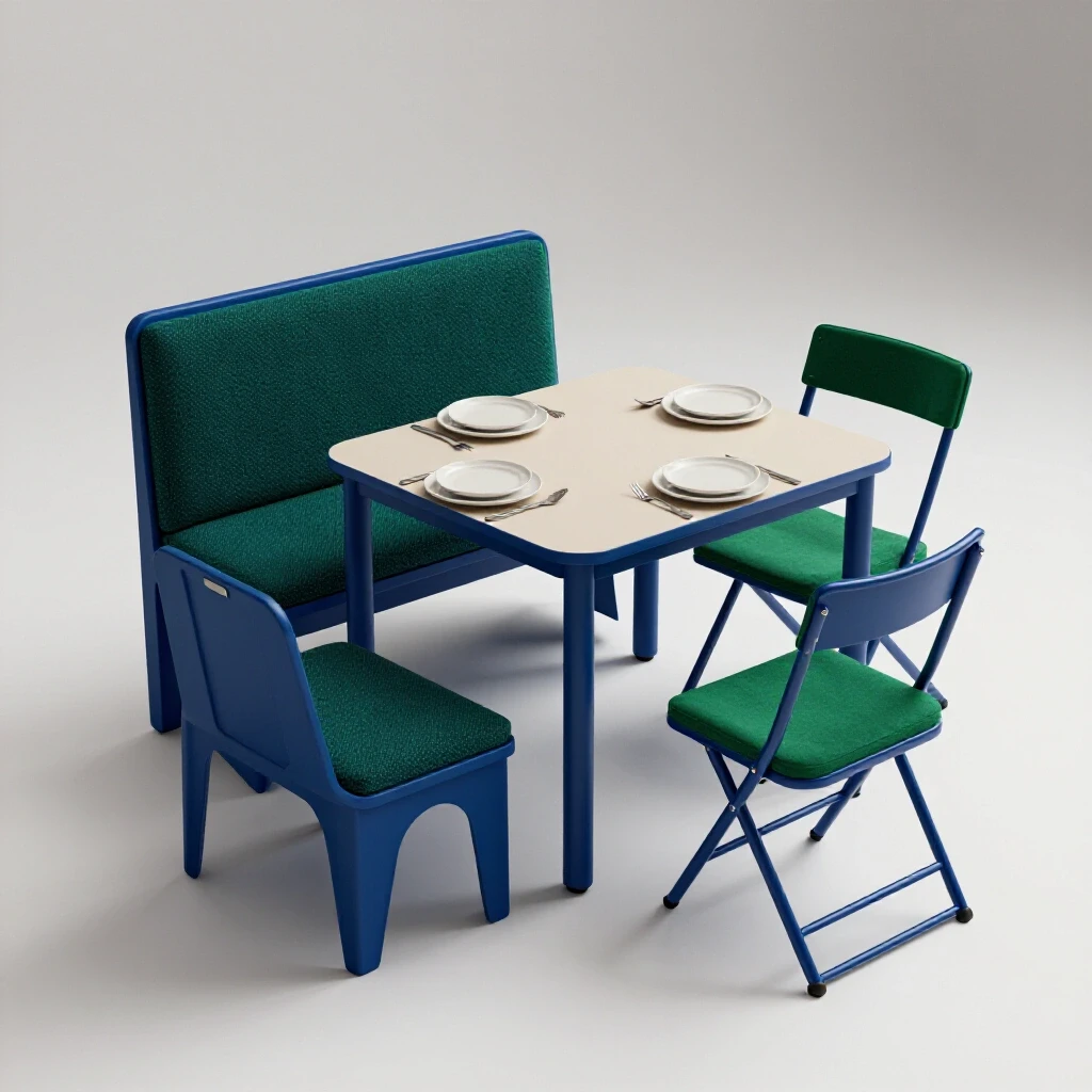 Stylish small dining area with a table set for two, featuring multifunctional storage furniture in deep colors.
