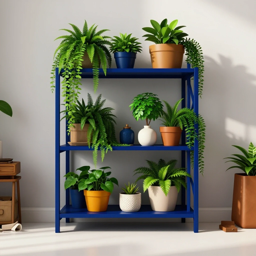 A well-organized entryway featuring a small shelf filled with greenery and decor, contrasting clutter on one side.