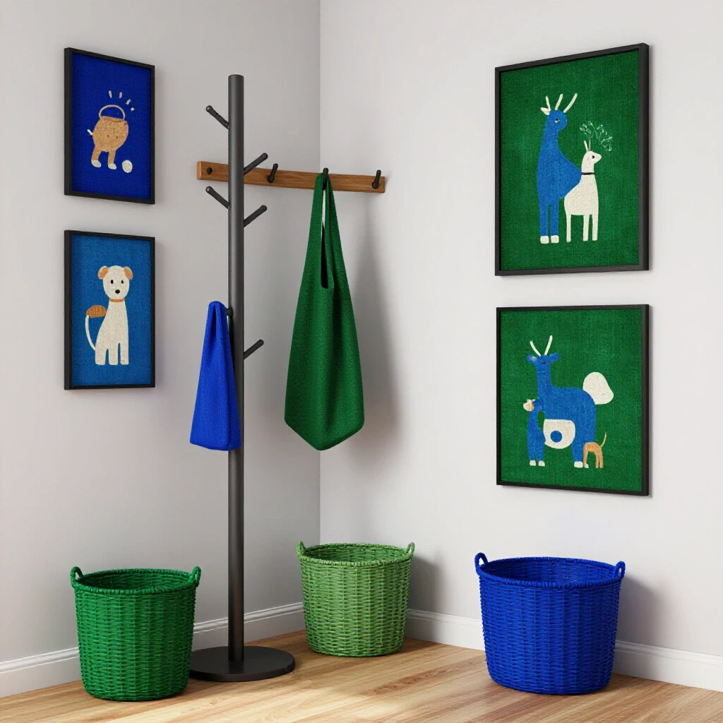 Inviting small entryway scene with a stylish coat rack, colorful baskets, and cheerful wall art, perfect for family organization.