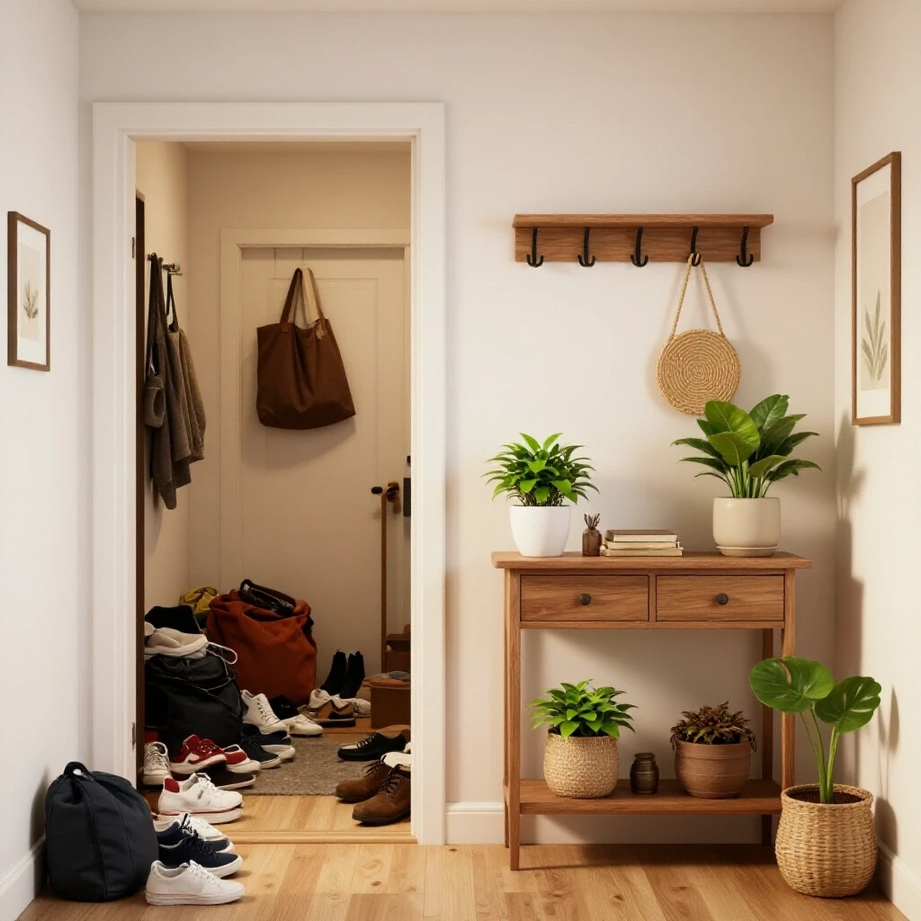 A vivid entryway scene contrasting organization with chaos, featuring stylish storage solutions and disarrayed items.