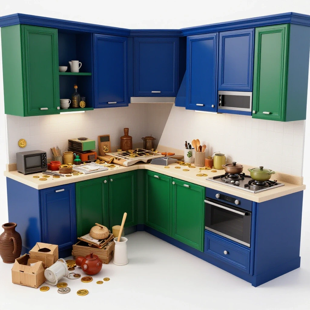A split image showing a cluttered outdated kitchen on one side and a modern remodel on the other with decorative dollar signs.