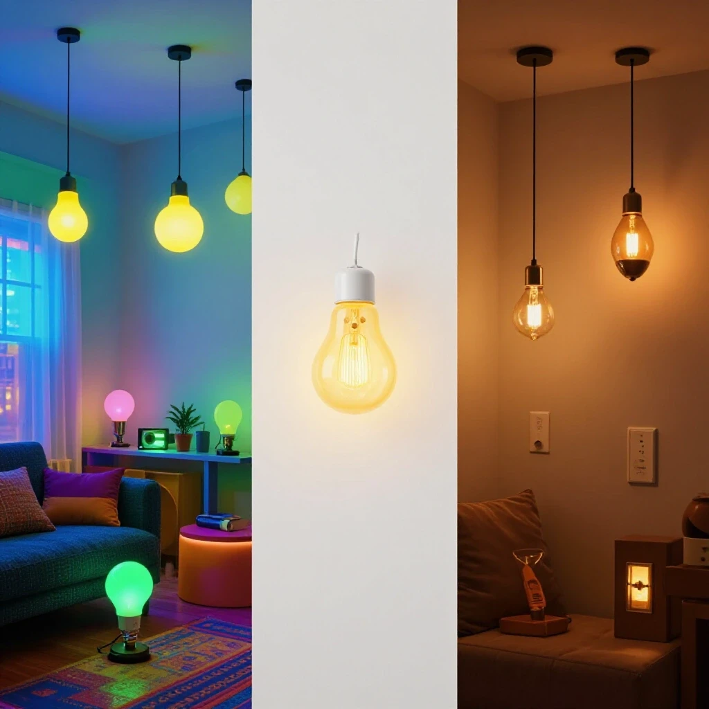 A split image: vibrant room with smart bulbs on one side and cozy dim light space with dimmers on the other, showcasing mood contrast.