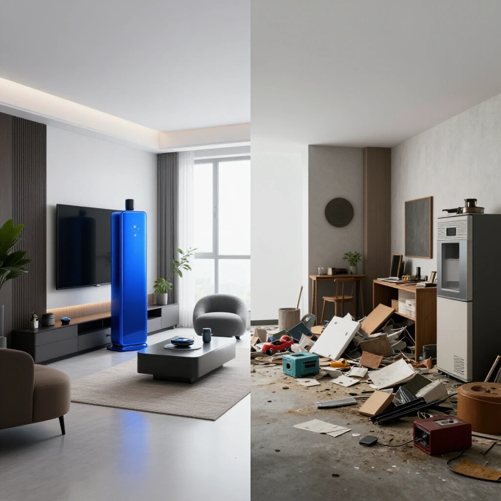 A visual comparison of a modern smart home setup versus a cluttered traditional space, emphasizing technology and financial benefits.