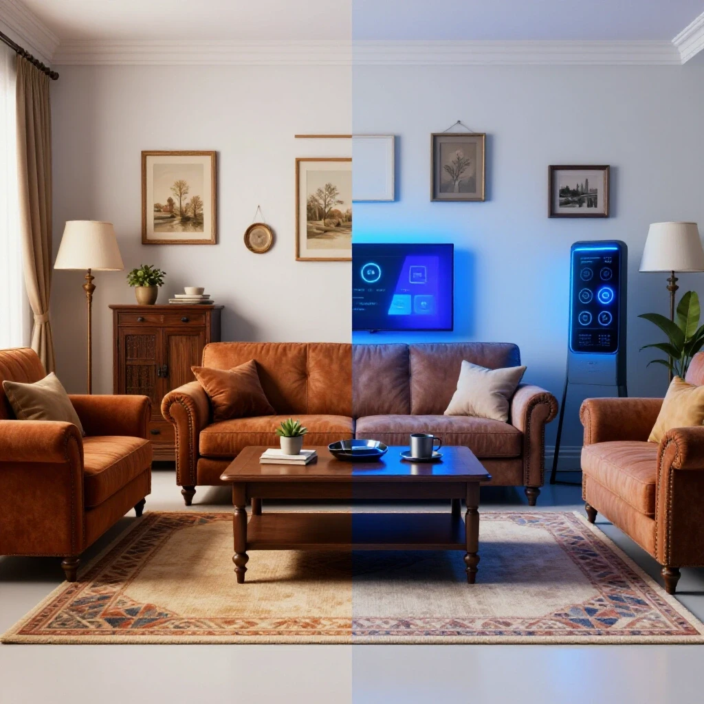 A modern living room split into traditional decor and smart home features, showcasing a vivid transformation.