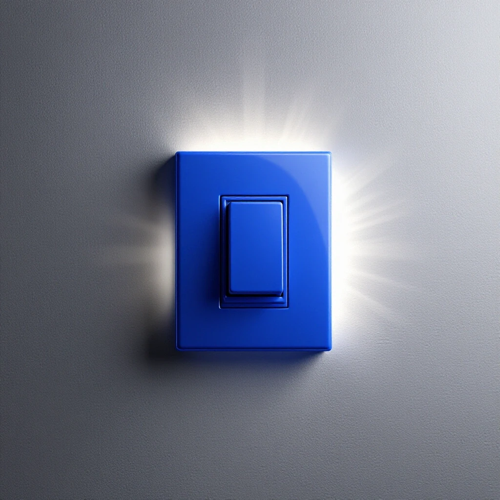A glossy smart light switch with deep royal blue color, glowing softly against a bright white background.