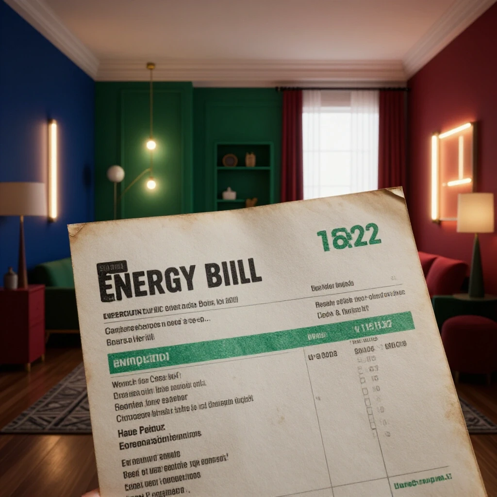 A bright, stylish room with smart lighting features contrasts with a dim space and a faded energy bill, highlighting energy savings.