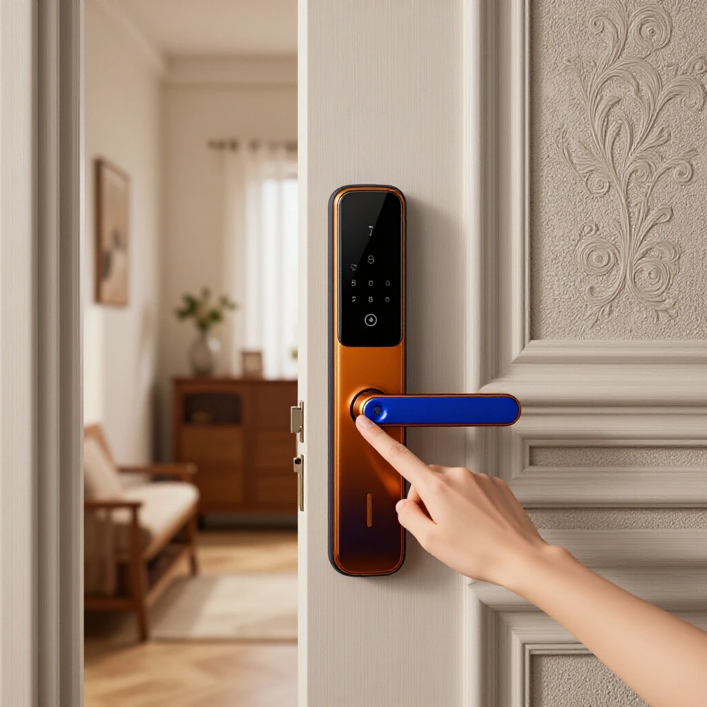 Close-up of a modern smart lock on a stylish door with a cozy entryway blurred in the background.