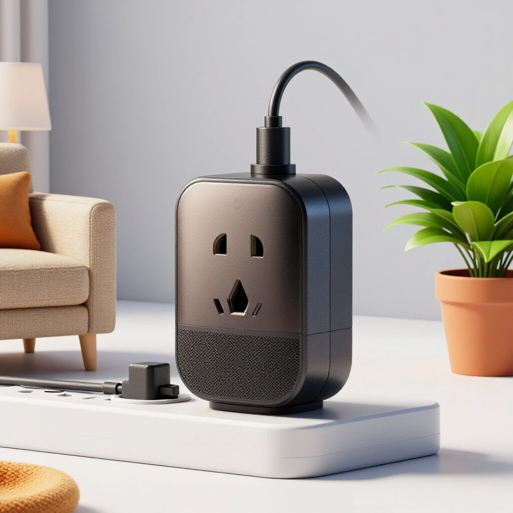A vibrant smart plug powers an everyday item, surrounded by cozy home decor like a sofa and plant.