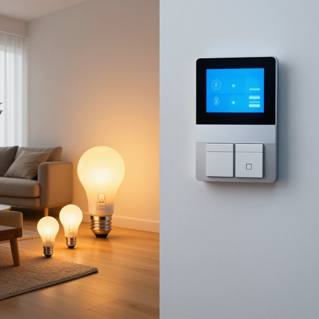 Contrast of smart bulbs illuminating a modern living room against sleek smart switches on a wall, highlighting choice in lighting.