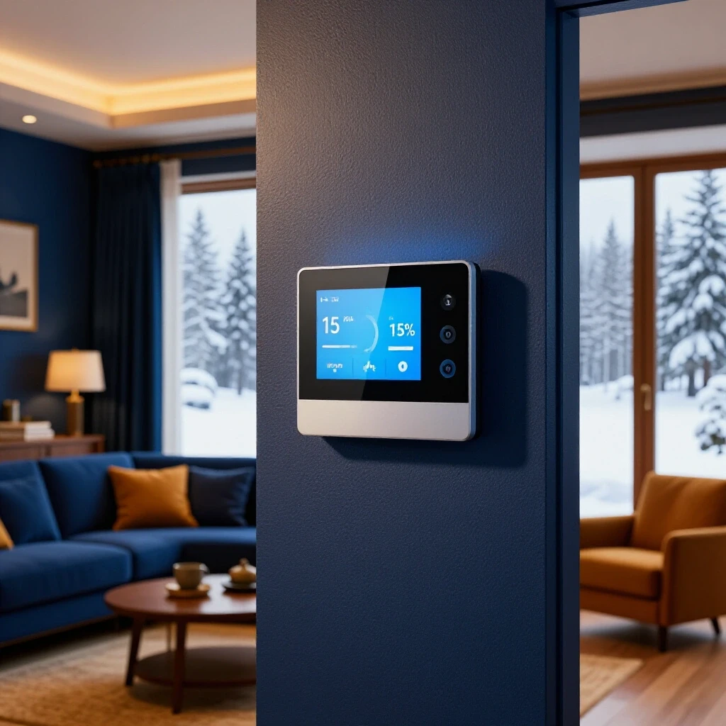 A cozy winter living room featuring a smart thermostat on the wall, contrasting a snowy landscape outside.