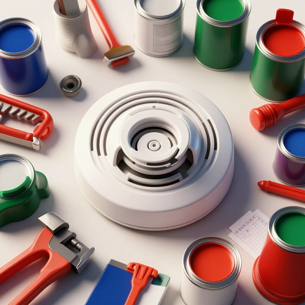 A vibrant scene showcasing a modern smoke detector with tools and paint cans in a bright studio environment, emphasizing DIY budgeting.