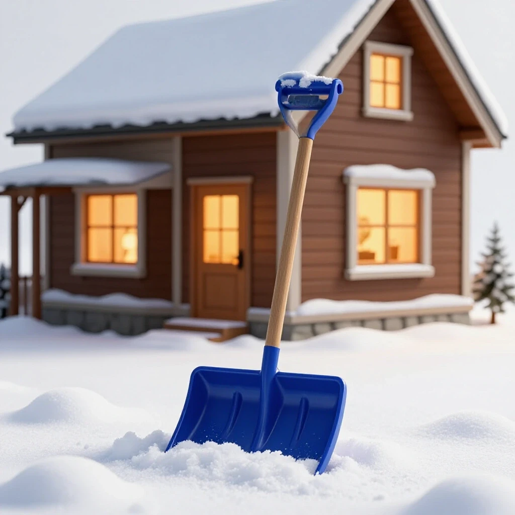 Cozy snow-covered home with a vibrant blue shovel in snow, glowing windows suggesting warmth inside.