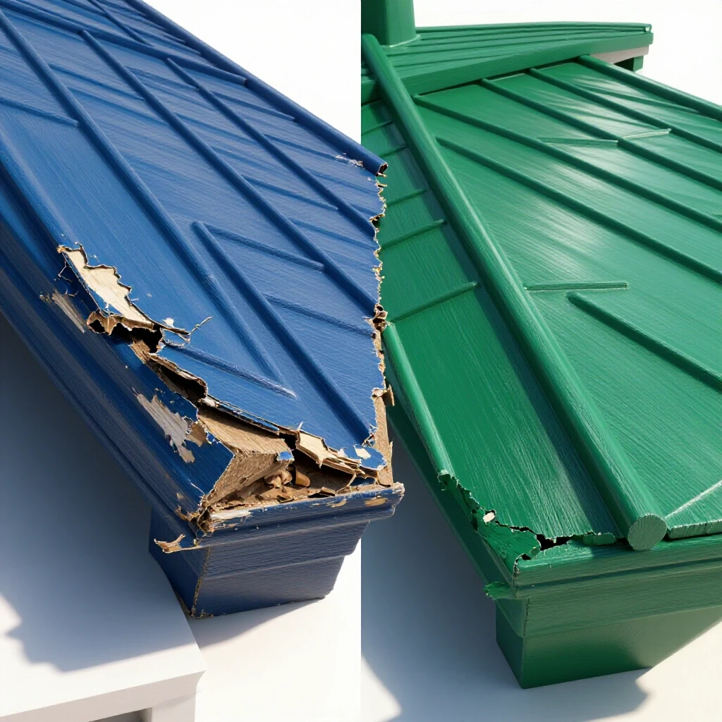 A split scene image featuring a worn soffit and fascia on one side and a freshly repaired vibrant soffit and fascia on the other, showcasing a striking transformation.