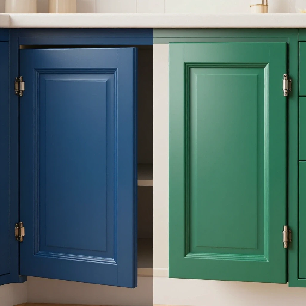 A visual comparison of a traditional kitchen cabinet door swinging open and a soft-close cabinet door gently closing, highlighting their contrasting designs.