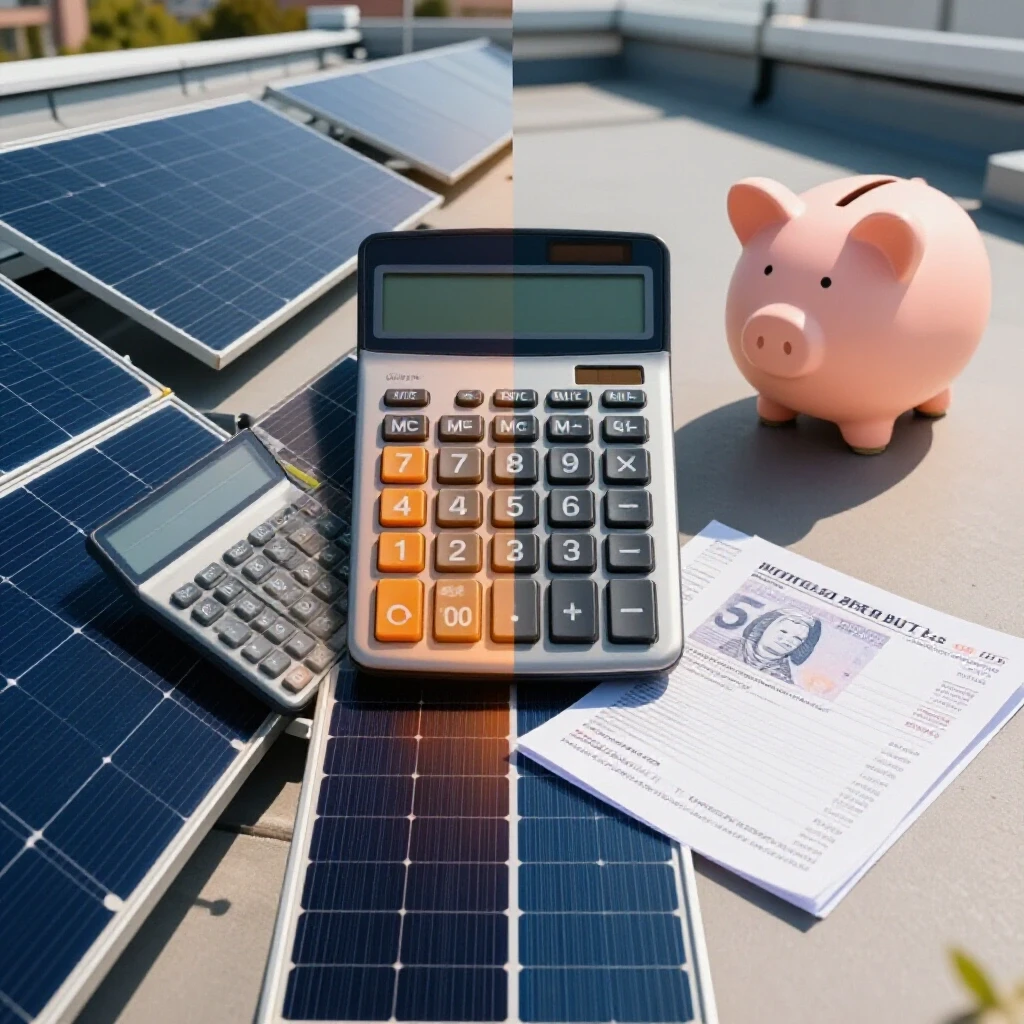 A rooftop with solar panels alongside a split-screen of a calculator, bills, and a piggy bank, illustrating financial planning for solar investments.