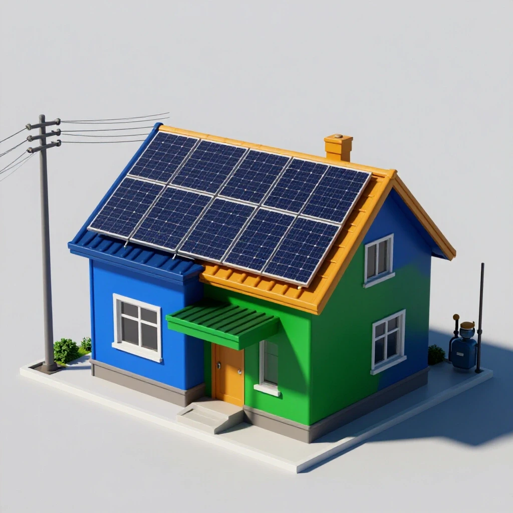 A bright home with solar panels contrasted by shadowy traditional energy sources, showcasing energy independence