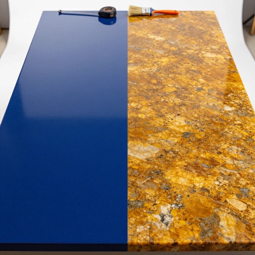 A split image featuring a luxurious solid surface countertop and a vibrant quartz countertop, showcasing their textures in a well-lit studio.
