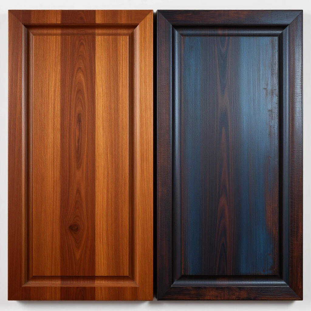 A split image depicting solid wood, showcasing durability against glossy veneer with subtle decay, symbolizing wear over time.